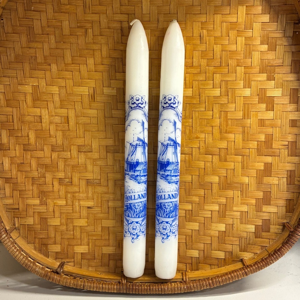 2 Vtg Delft Blue Taper Candles Holland Windmill European Cottage Grandmillenial